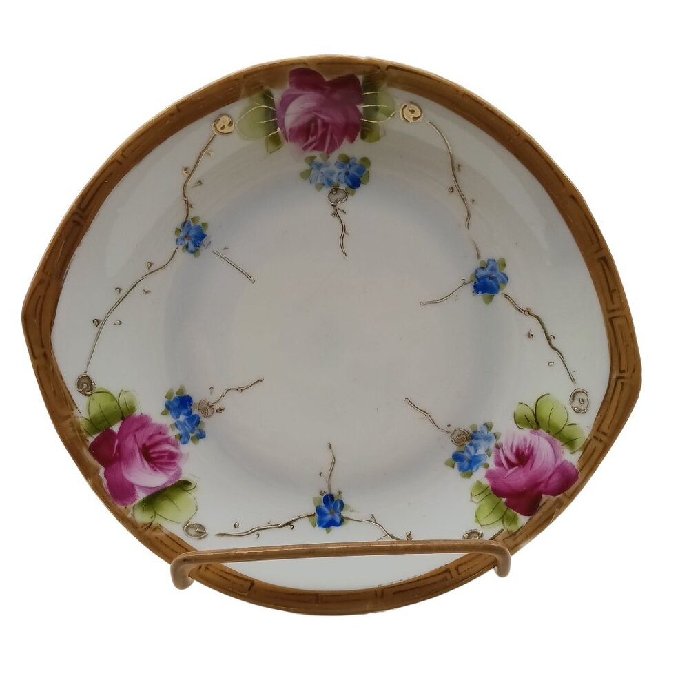 Vintage Hand Painted Nippon China Double Handle Plate With Floral Design & Gold